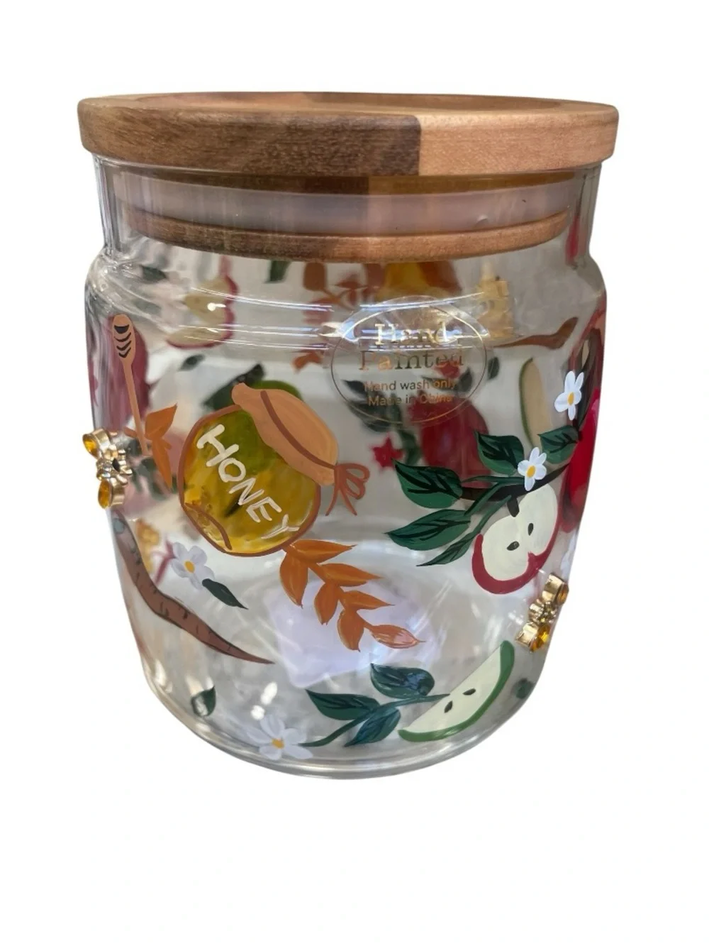 Rosh Hashanah Glass Storage Jar with Wooden Lid – Apple, Honey & Shofar Decor